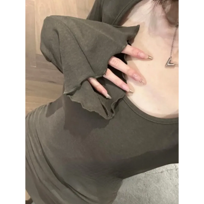 Square Neck Flare Sleeve Top – Y2K Sweet Vintage Slim Fit Tee