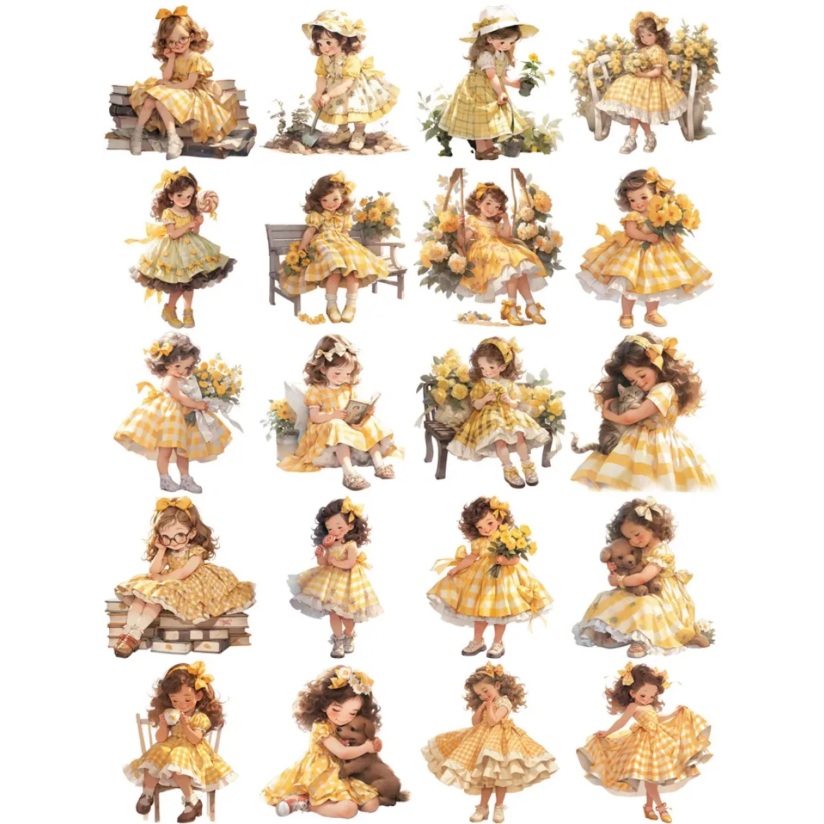 20Pcs Yellow Dress Girl Stickers - Cute DIY Scrapbooking Decorative Stickers