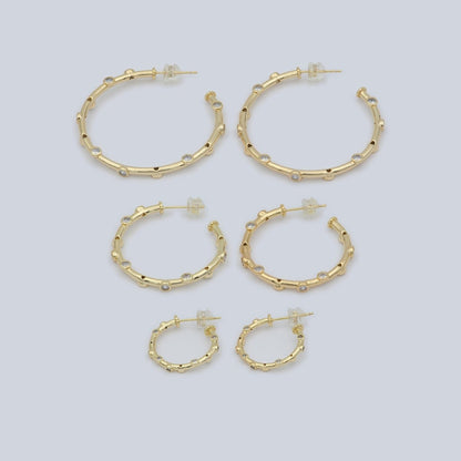 14K Gold Filled 20mm, 30mm, 40mm CZ Dotted C-Shaped Hoop Earrings | P260 - P262