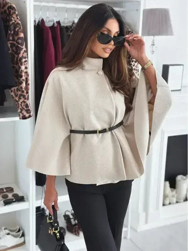 Winter Fashion Solid Color Waist Tie Woolen Cape Coat Women&